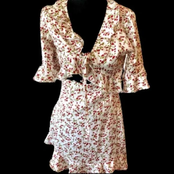 NEW floral summer mini dress front tie ruffled keyhole cutout pinup retro LARGE - Picture 3 of 16